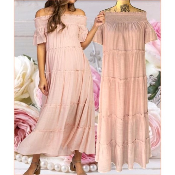PinkBlush Mauve Off Shoulder Tiered Everyday or Maternity Maxi Dress Size S - Picture 2 of 4